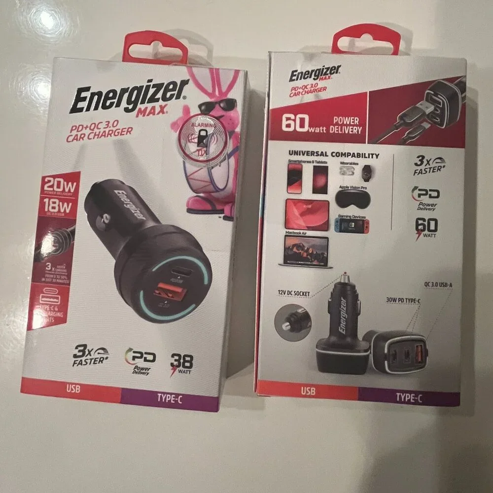 Car Chargers nergizer Max PD + QC 3.0 Dual Car Charger 60W Type-C and USB-A Port
